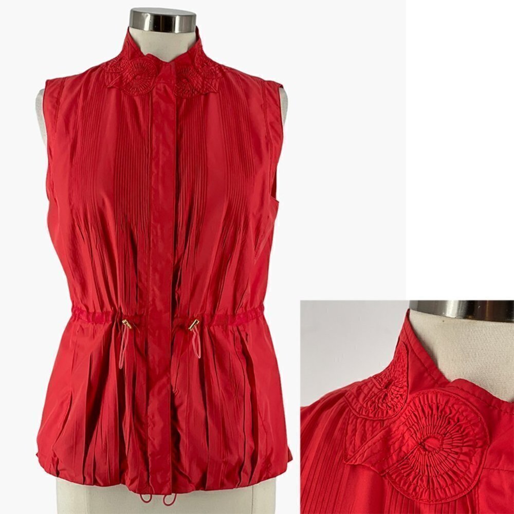 SALE Elie Tahari Rosette Trim Full Zip Red Vest Adjustable Waist Zip Pockets M